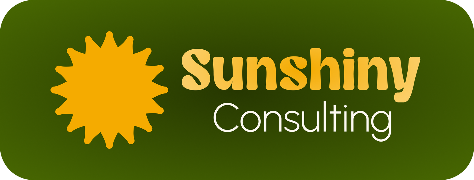 A dark green box with rounded edges containing and rich yellow sun on the left and on the right the word "sunshiny" in fun 70s font in yellow and "consulting" in a sans serif font.